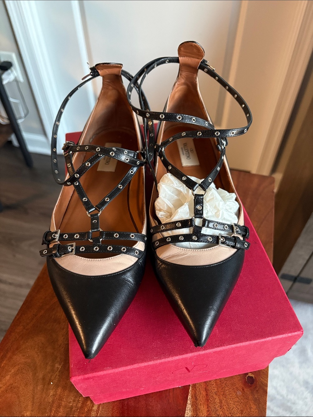 Valentino Black Leather Studded Strappy Pointed-Toe Heels